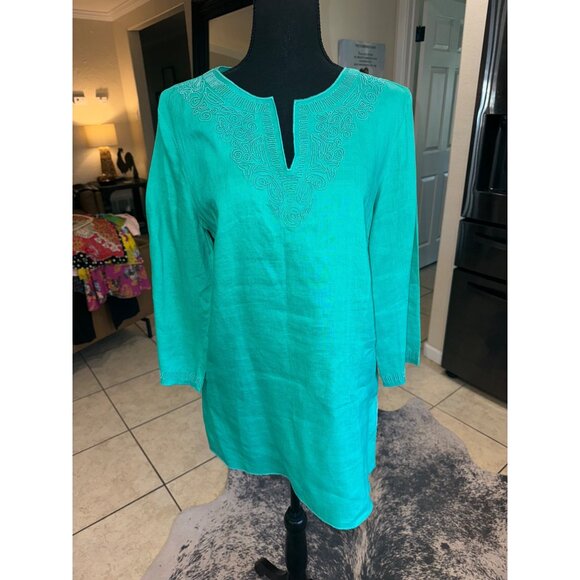 Peter Nygard Teal Linen Tunic Top Embroidered Detail 8 Sustainable Minimalist - Picture 1 of 9